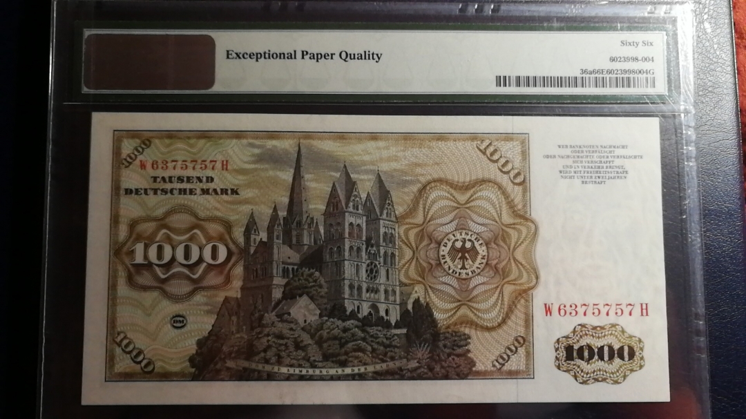 收藏联盟第八十期拍卖 1977年德国 1000马克 舍那 PMG66E S/N:W6375757H