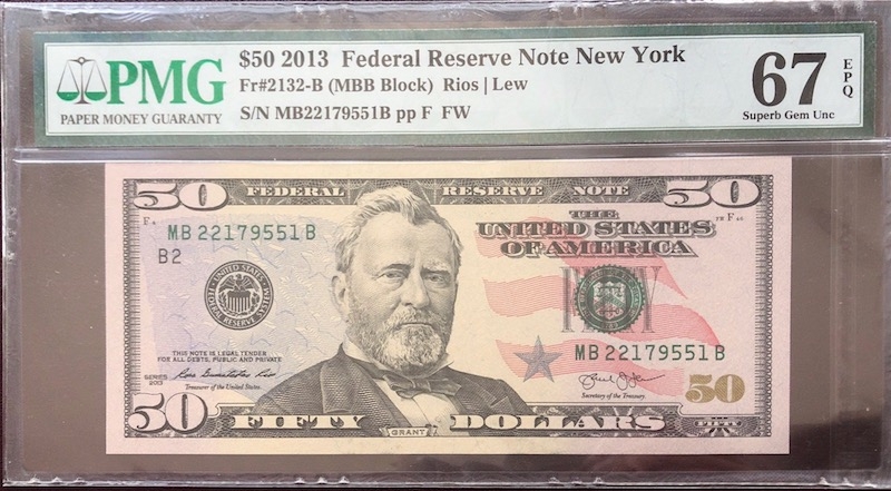 收藏联盟第八十期拍卖 美国2013年50美元 PMG67E  S/N:MB22179551B