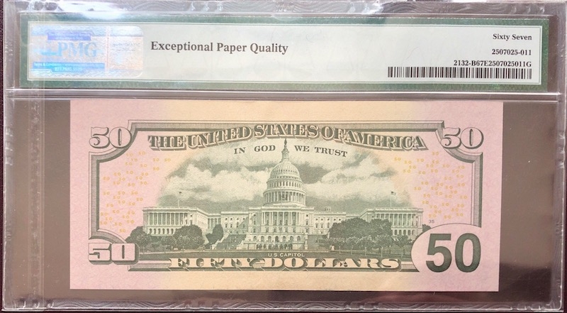 收藏联盟第八十期拍卖 美国2013年50美元 PMG67E  S/N:MB22179551B