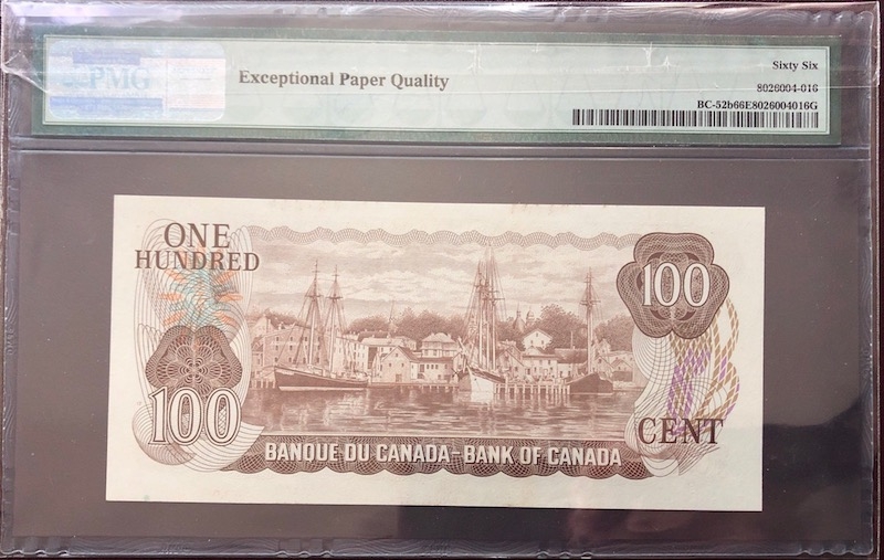 收藏联盟第八十期拍卖 加拿大1975年100加元风景版 PMG66E  S/N:AJE1238196 全程无47号码