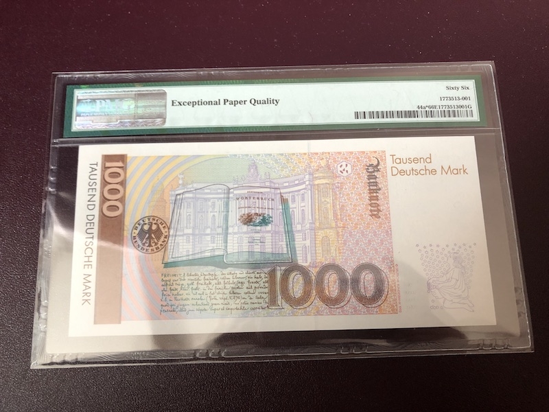 收藏联盟第八十期拍卖 1991年德国1000马克格林兄弟 稀少补号 PMG66E S/N:YA4006976A7