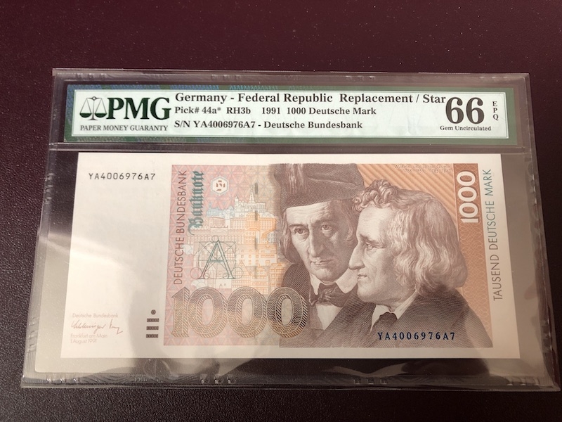 收藏联盟第八十期拍卖 1991年德国1000马克格林兄弟 稀少补号 PMG66E S/N:YA4006976A7
