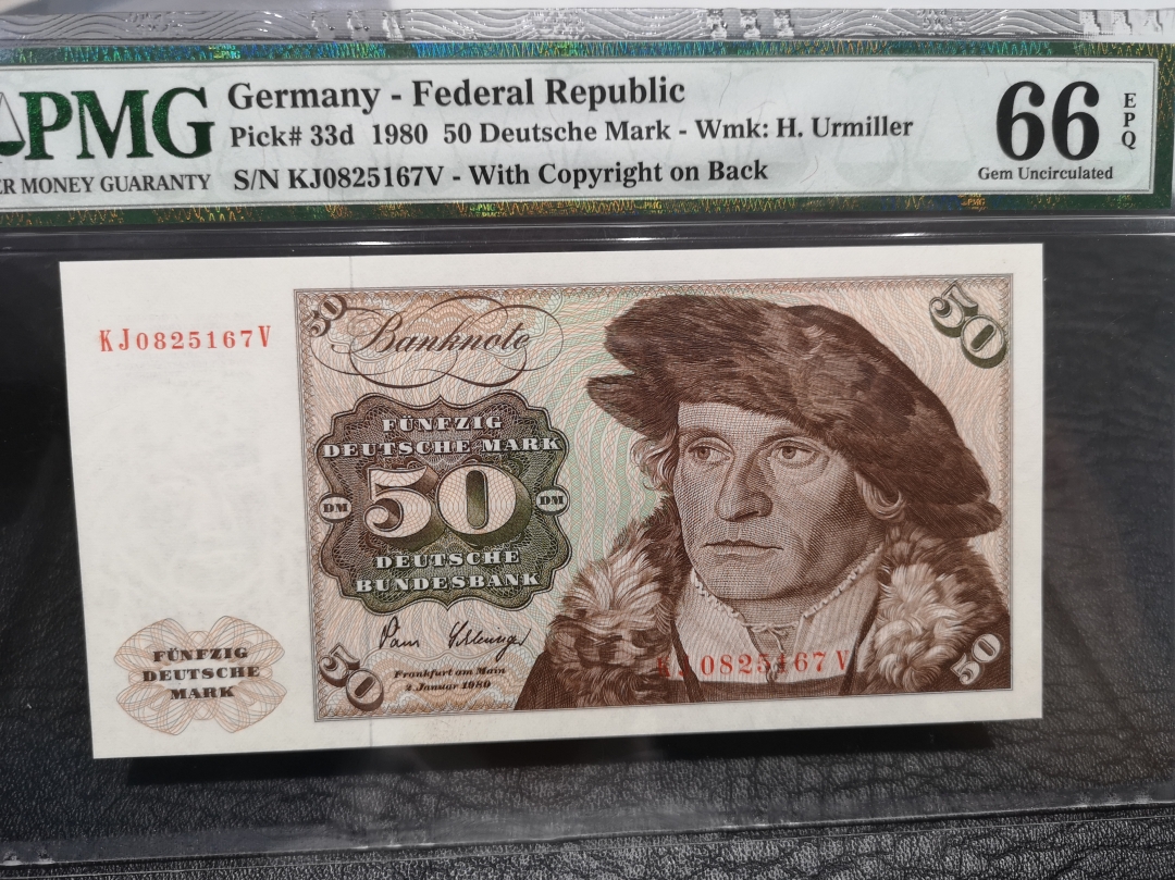 《外钞收藏家》第六十五期拍卖 西德1980年50马克 雕刻经典 pmg66