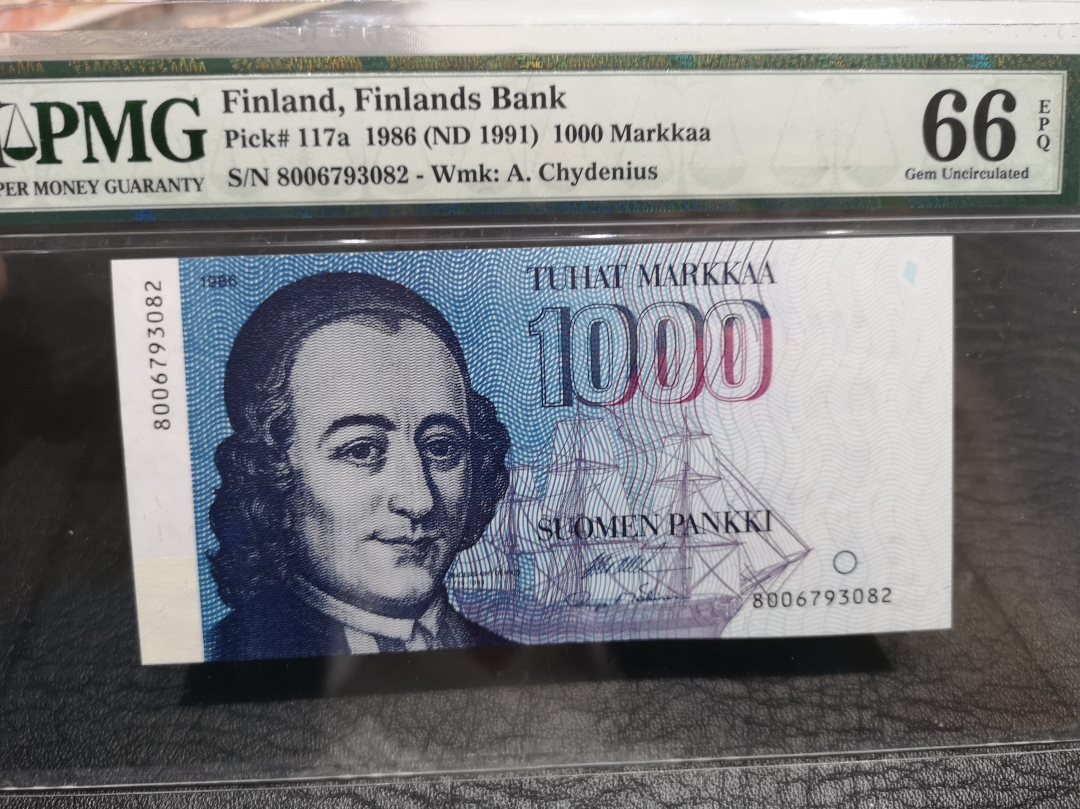 《外钞收藏家》第六十五期拍卖 芬兰1986年1000马克 初版 无litt.A版本 pmg66