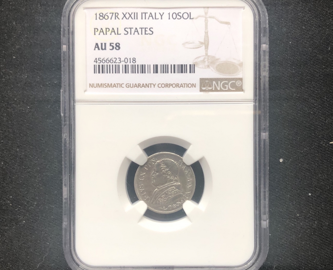 【币观天下】第六十一期拍卖 【梵蒂冈】1867年10索尔银币【ngc au58】