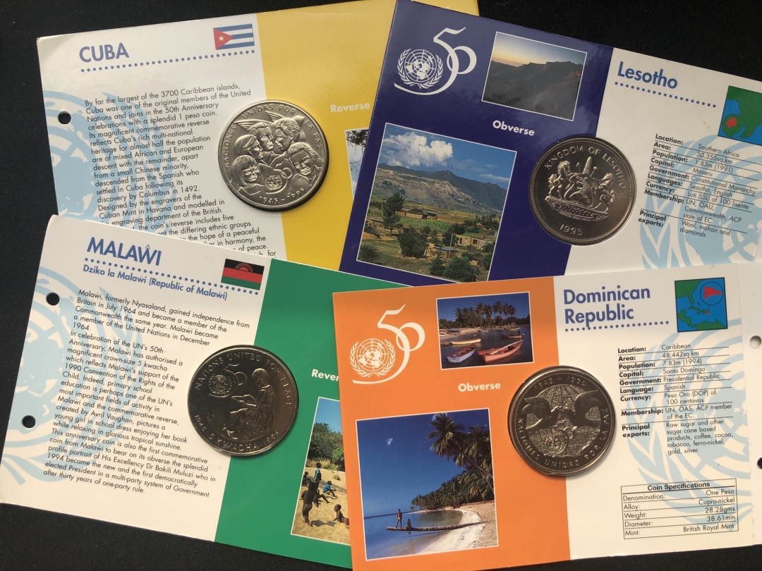 【币观天下】第六十一期拍卖 【联合国】50周年克朗行纪念币4枚【古巴+马拉维+莱索托+多米尼加】