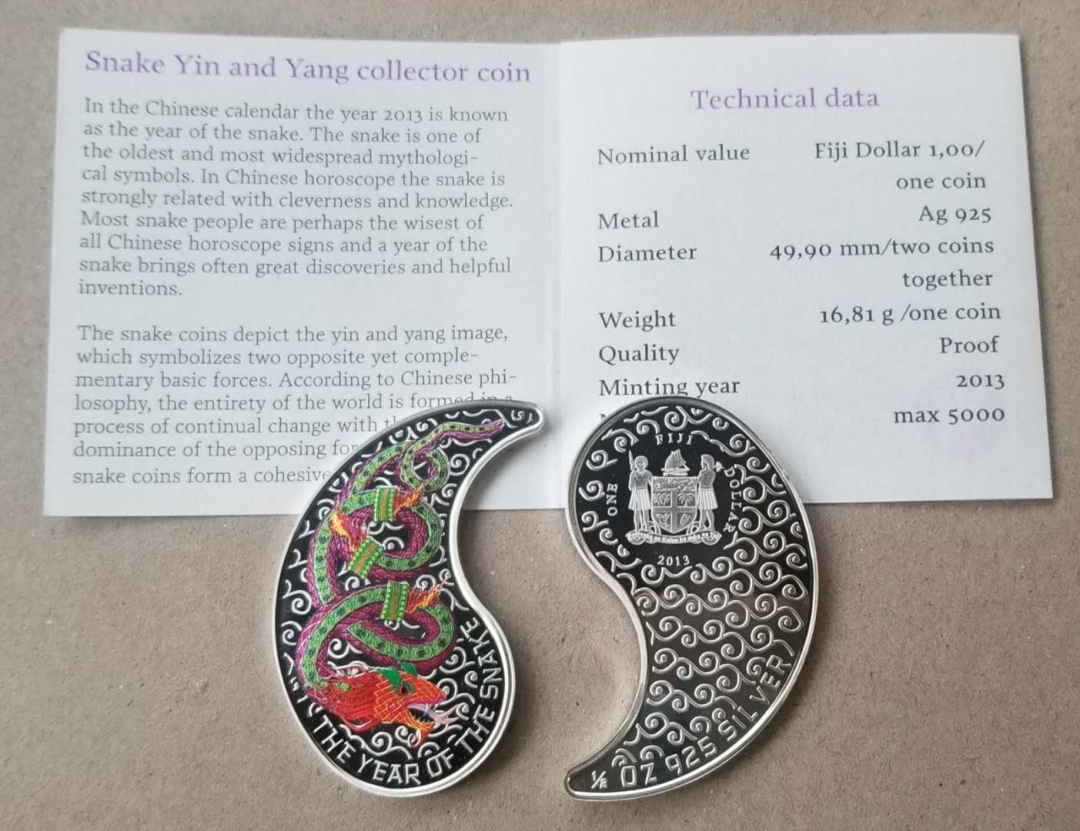 【随心拍】现代金银币拍卖第十三期 斐济2013年生肖蛇太极分体组合彩色银币两枚