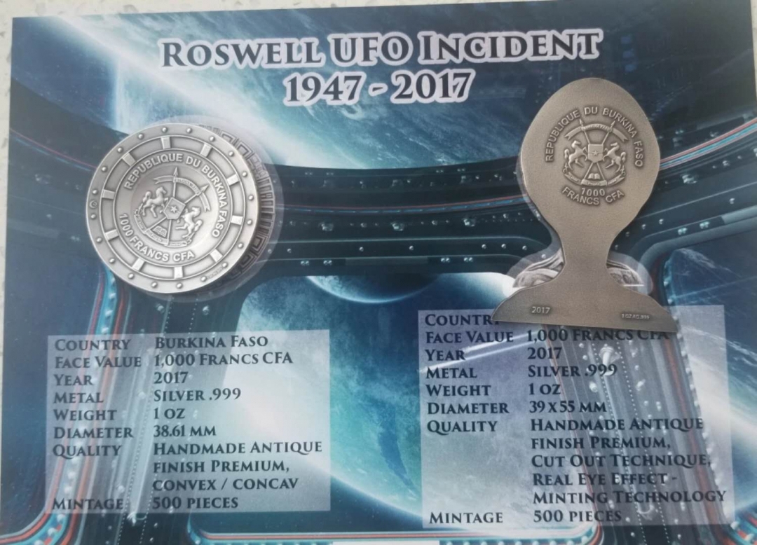 【随心拍】现代金银币拍卖第十三期 布基纳法索2017年罗斯威尔UFO事件70周年外星人飞碟仿古银币