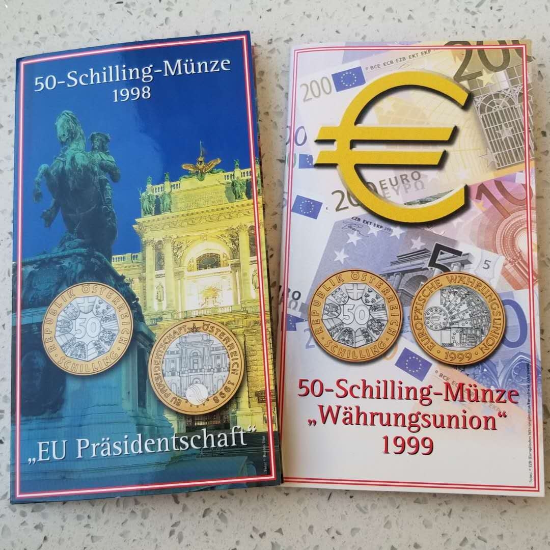【随心拍】现代金银币拍卖第十三期 克劳斯获奖币两枚!奥地利1998年欧盟轮值主席国和1999年欧元区货币50先令双金属币两枚