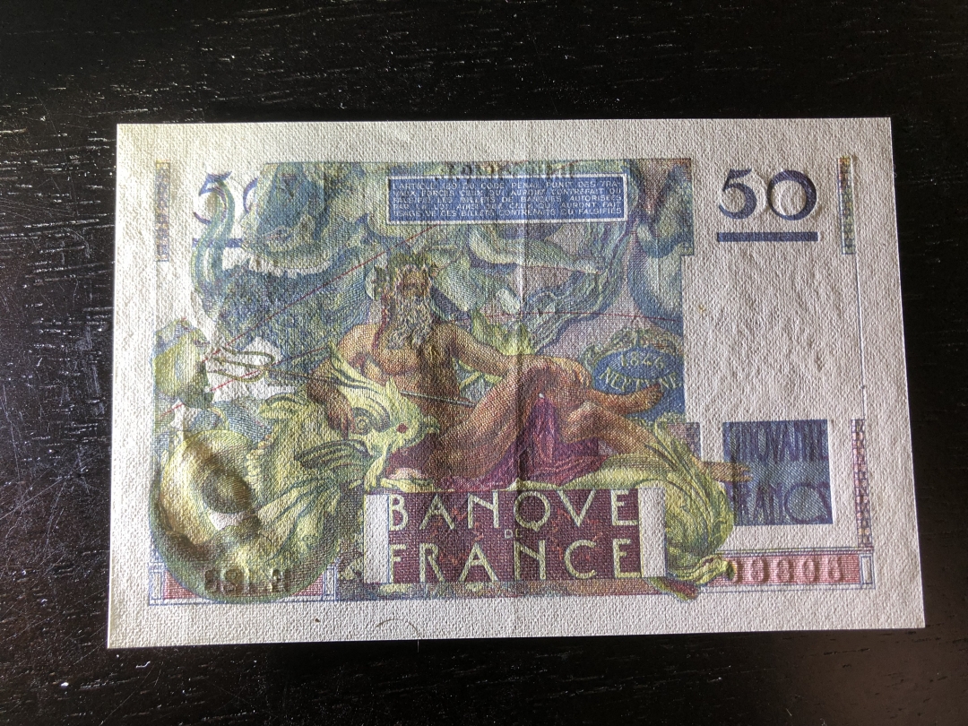 收藏联盟第八十一期拍卖 法国1949年50法郎 AU有中折