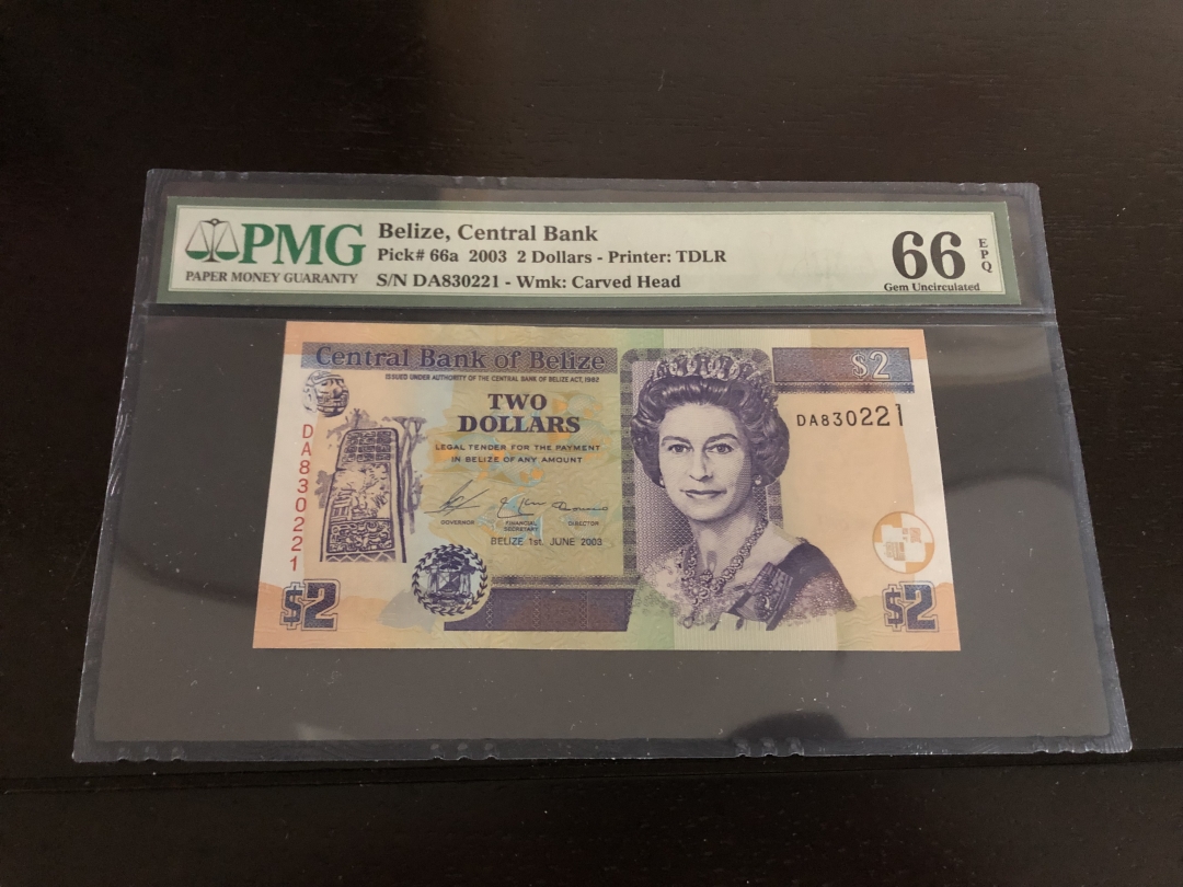 收藏联盟第八十一期拍卖 伯利兹2003年2元 PMG66E S/N:DA830221