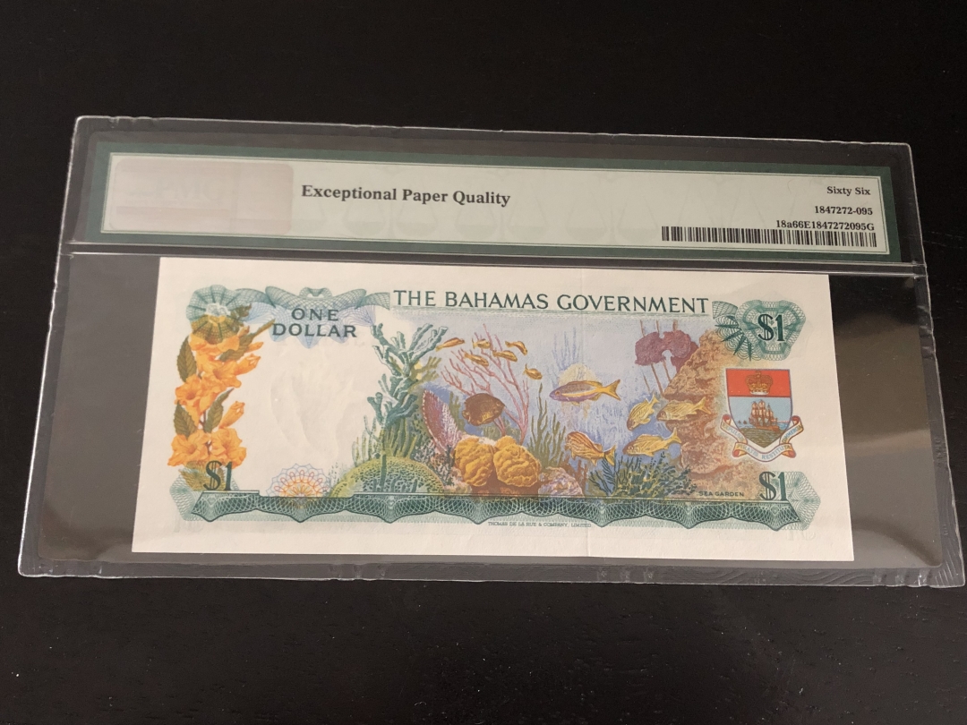 收藏联盟第八十一期拍卖 巴哈马1965年1元 18a PMG66E S/N:A350231