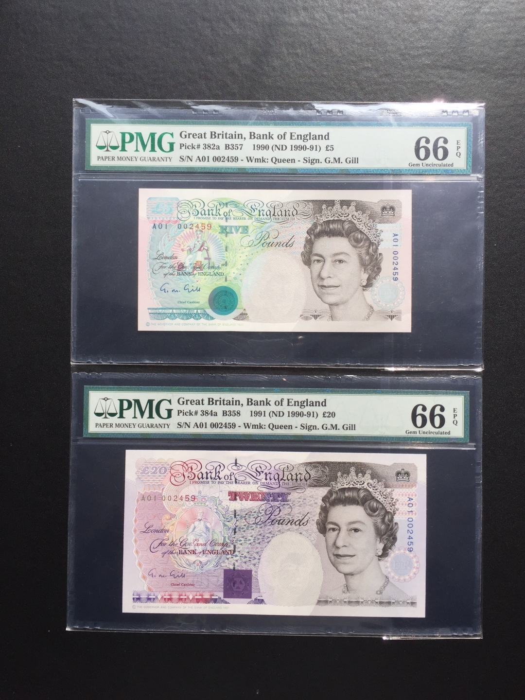 收藏联盟第八十一期拍卖 1990-91👑版英国10镑&20镑 首发冠同号PMG66E S/N:A01002459