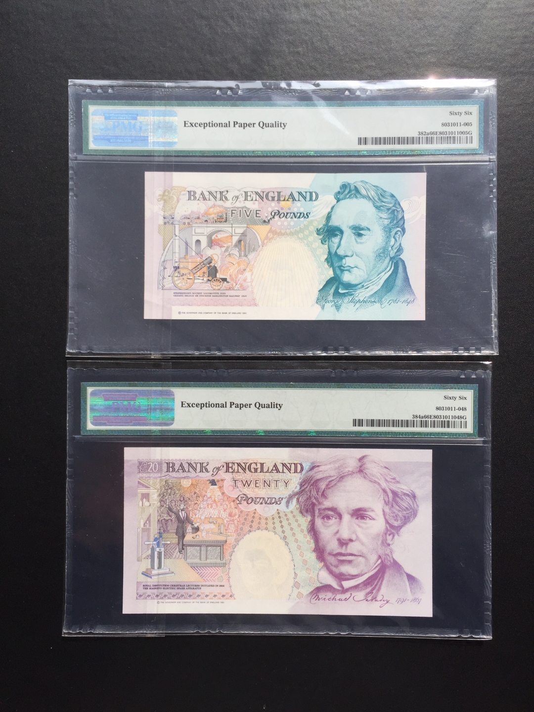 收藏联盟第八十一期拍卖 1990-91👑版英国10镑&20镑 首发冠同号PMG66E S/N:A01002459