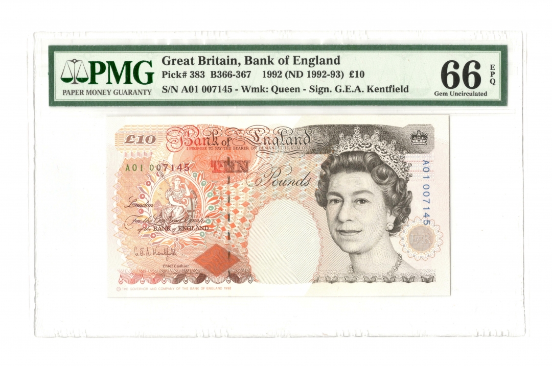 收藏联盟第八十一期拍卖 1992年英国10镑皇冠版 首发冠千位号码PMG66E S/N:A01007145