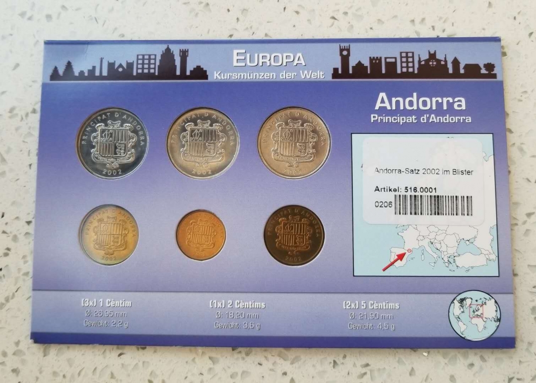 【币观天下】第六十二期拍卖 【安道尔】2002年流通币6枚精装卡币