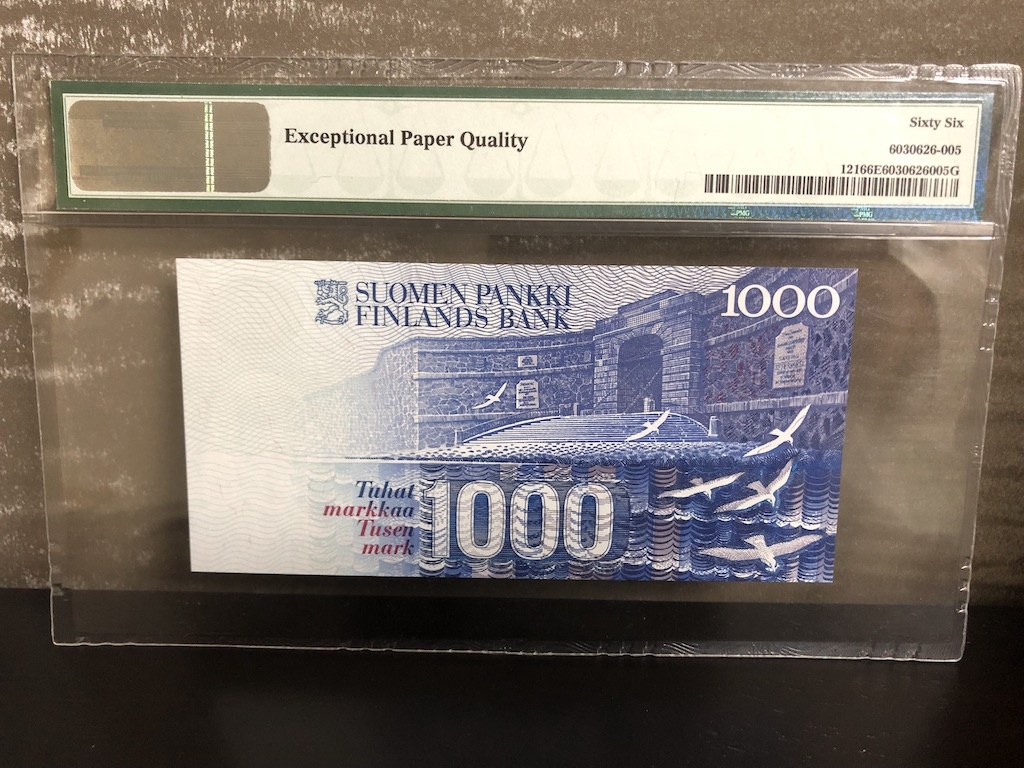 收藏联盟第八十二期拍卖 1986年芬兰1000马克 PMG66E 全程无47 Litt. A再版 S/N:8021891565