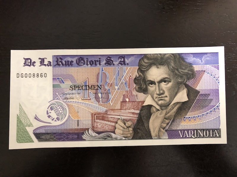 收藏联盟第八十二期拍卖 德拉罗贝多芬测试钞黑字 UNC S/N:DG008860