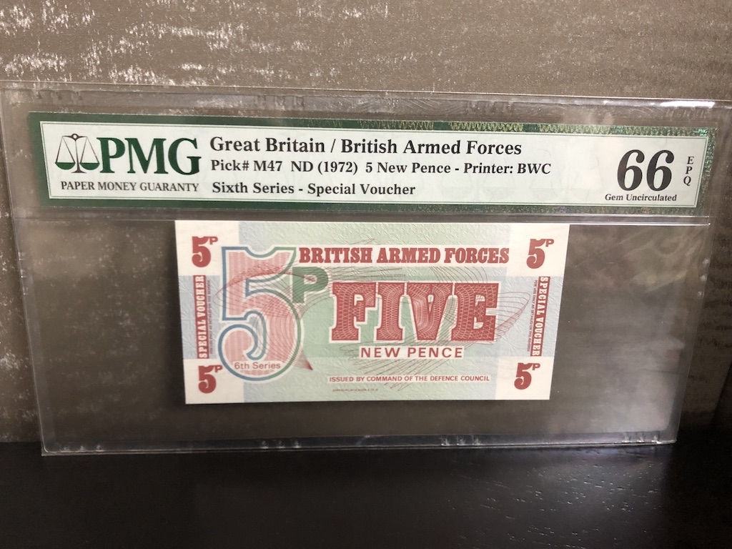 收藏联盟第八十二期拍卖 1972年英国5新便士军票 PMG66E BWC作品