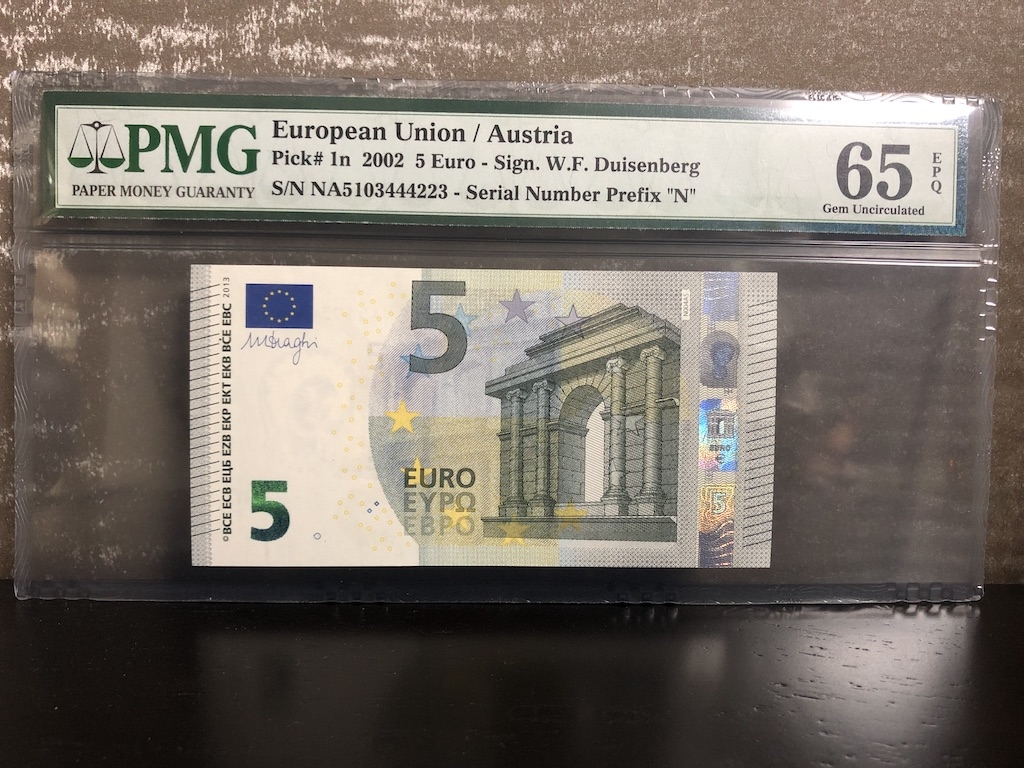 收藏联盟第八十二期拍卖 2002年5欧元 奥地利冠 PMG65E S/N:NA5103444223