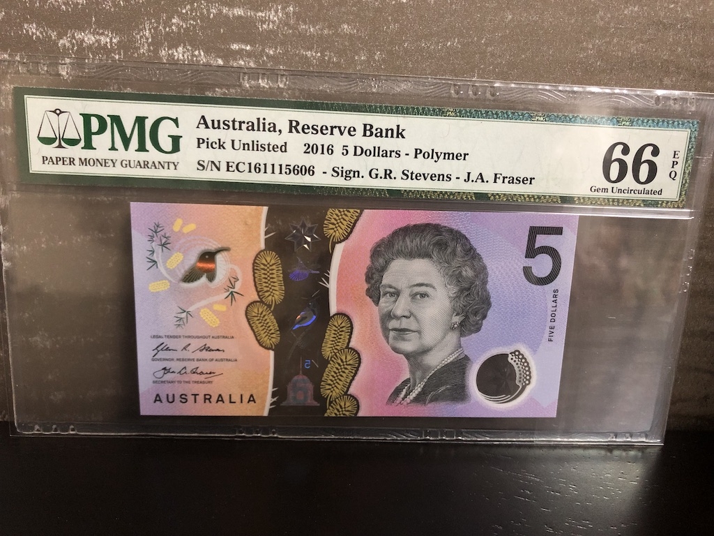 收藏联盟第八十二期拍卖 2016年澳大利亚5元 PMG66E S/N:EC161115606