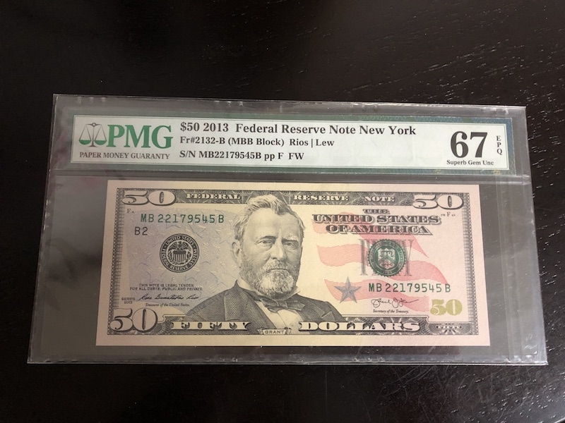 收藏联盟第八十二期拍卖 2013年美国50元联邦储备券 PMG67E S/N:MB22179545B