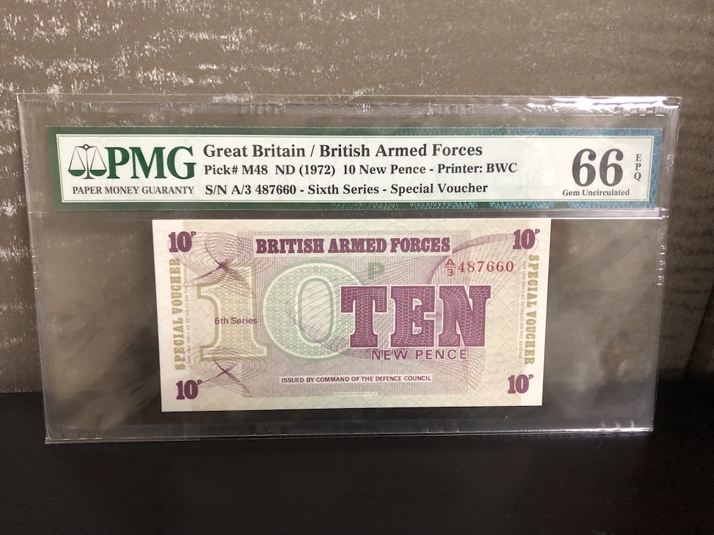收藏联盟第八十二期拍卖 1972年英国10新便士军票 BWC作品 PMG66E S/N:A/3 487660