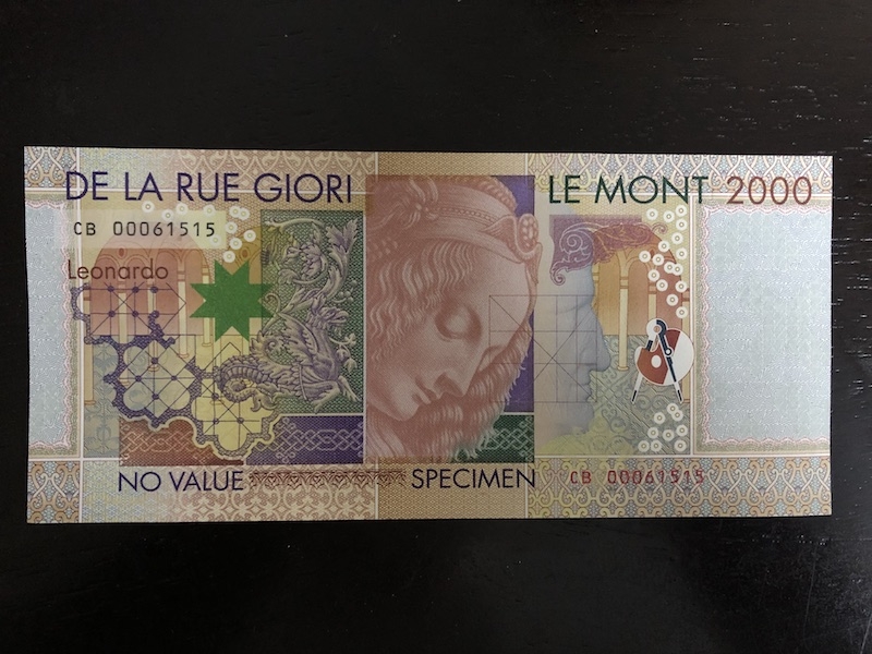 收藏联盟第八十二期拍卖 德拉罗达芬奇测试钞2000 UNC S/N:CB 00061515