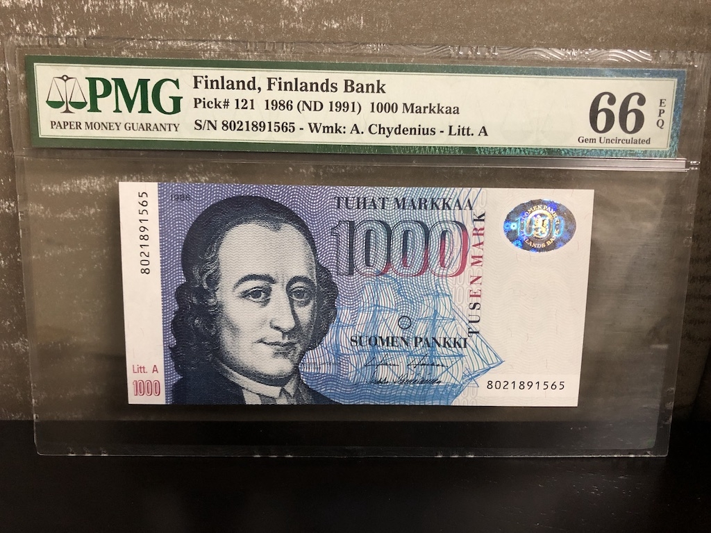 收藏联盟第八十二期拍卖 1986年芬兰1000马克 PMG66E 全程无47 Litt. A再版 S/N:8021891565