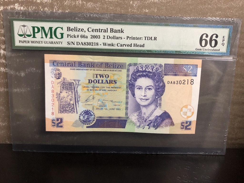 收藏联盟第八十二期拍卖 2003年伯利兹2元 PMG66E S/N:DA830218