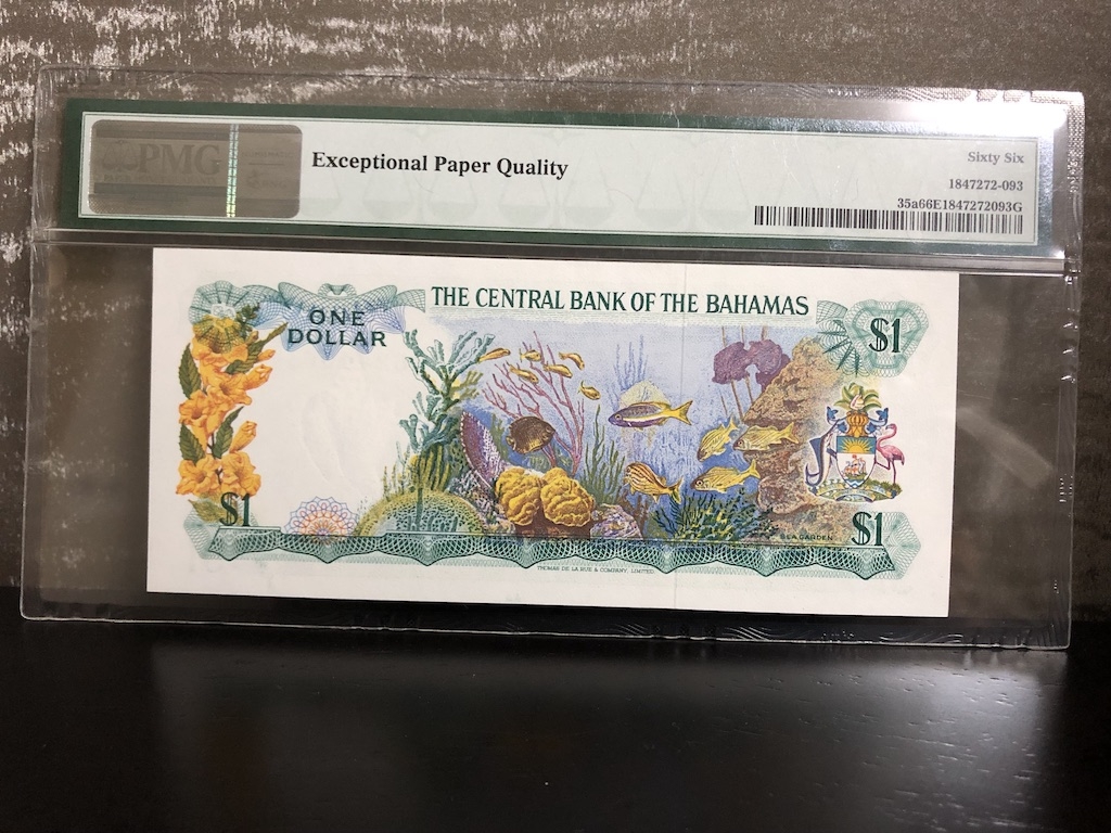 收藏联盟第八十二期拍卖 1974年巴哈马1元 PMG66E S/N:J/1 624406
