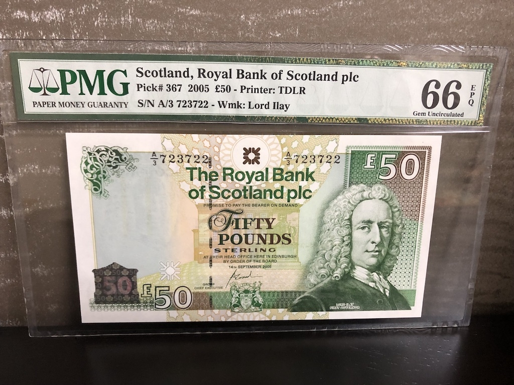 收藏联盟第八十二期拍卖 2005年苏格兰50镑 PMG66E S/N:A/3 723722