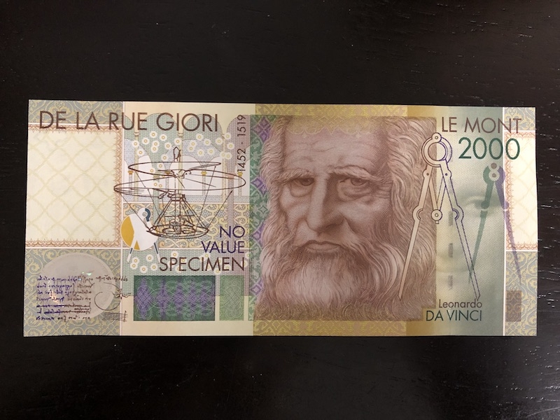 收藏联盟第八十二期拍卖 德拉罗达芬奇测试钞2000 UNC S/N:CB 00061515