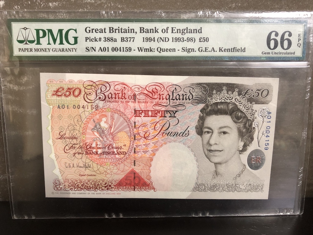 收藏联盟第八十二期拍卖 1994年英国50镑 首发冠 PMG66E S/N:A01004159