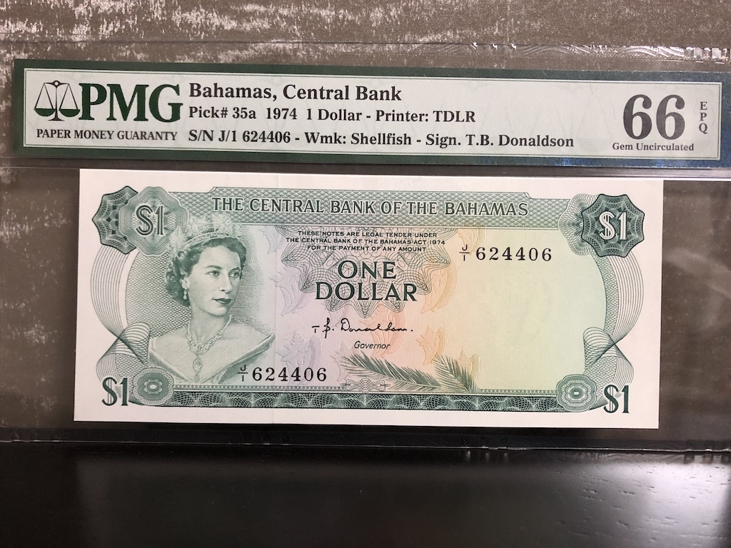 收藏联盟第八十二期拍卖 1974年巴哈马1元 PMG66E S/N:J/1 624406
