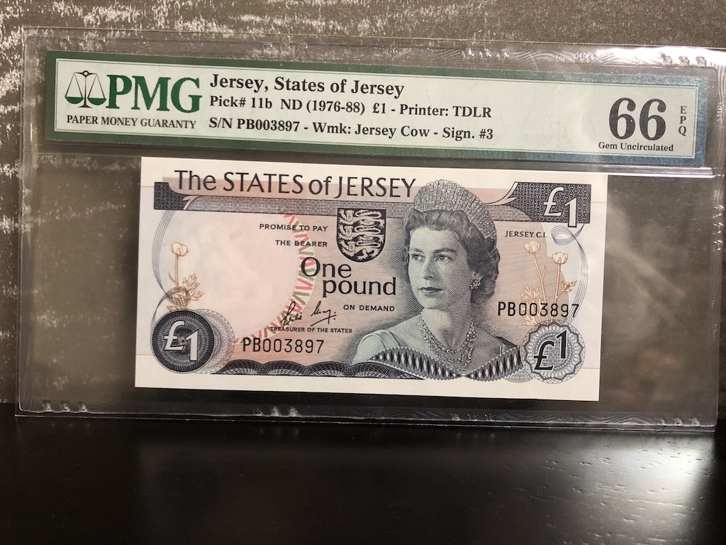 收藏联盟第八十二期拍卖 1976-88泽西1镑 PMG66E S/N:PB003897