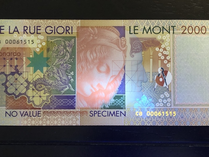 收藏联盟第八十二期拍卖 德拉罗达芬奇测试钞2000 UNC S/N:CB 00061515
