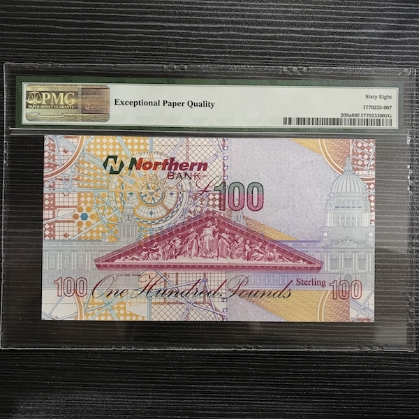收藏联盟第八十二期拍卖 2005年北爱尔兰北方银行 100镑 PMG68E冠军分 S/N:KB132828无47尾8靓号