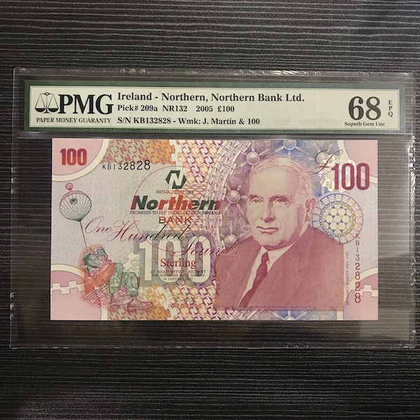 收藏联盟第八十二期拍卖 2005年北爱尔兰北方银行 100镑 PMG68E冠军分 S/N:KB132828无47尾8靓号