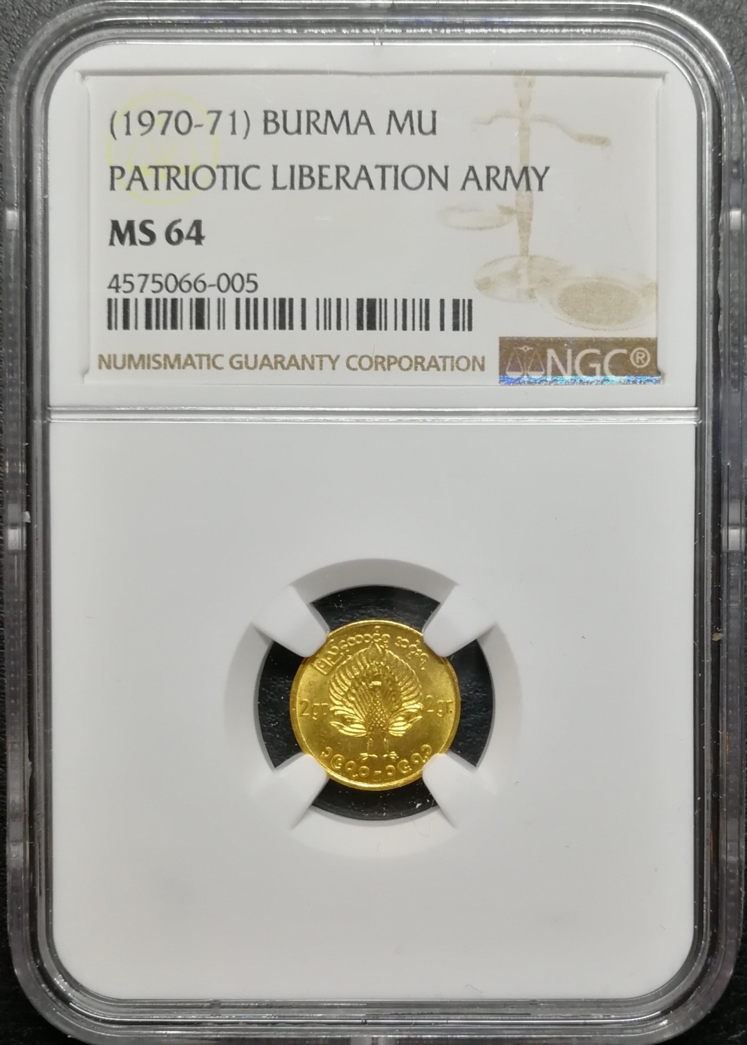 凡希社世界钱币拍卖第八十二期 1970缅甸军政府MU孔雀金币NGC-MS64