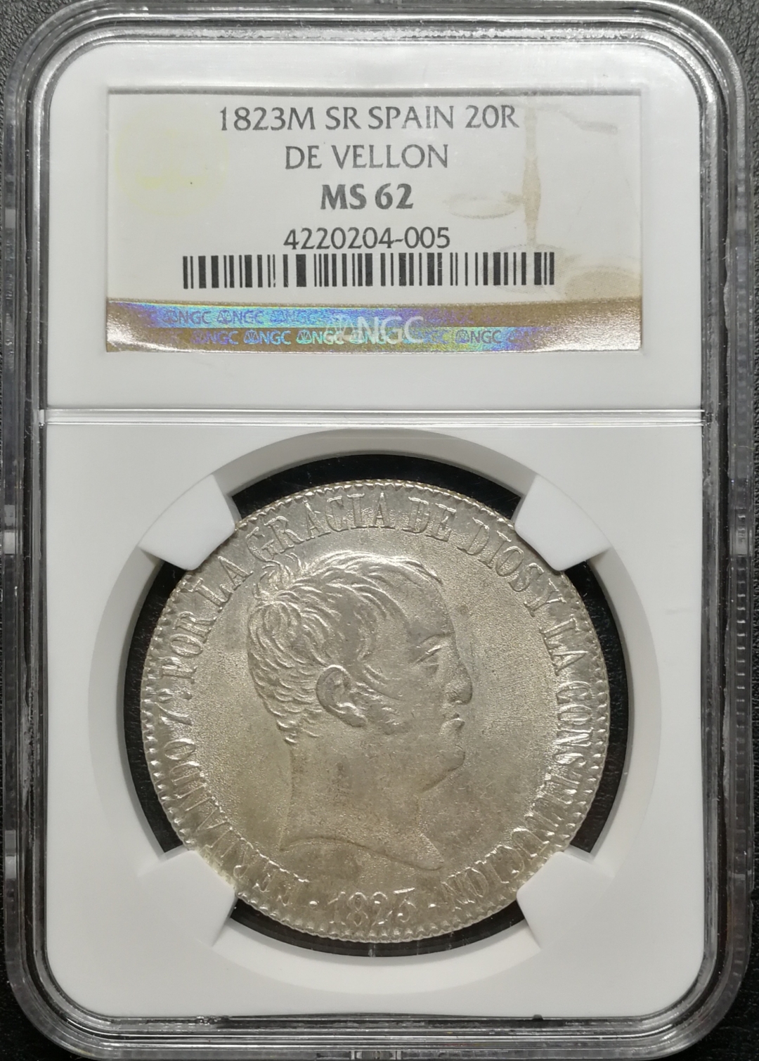 凡希社世界钱币拍卖第八十二期 稀!1823西班牙本土费七20R大银NGC-MS62难得品相