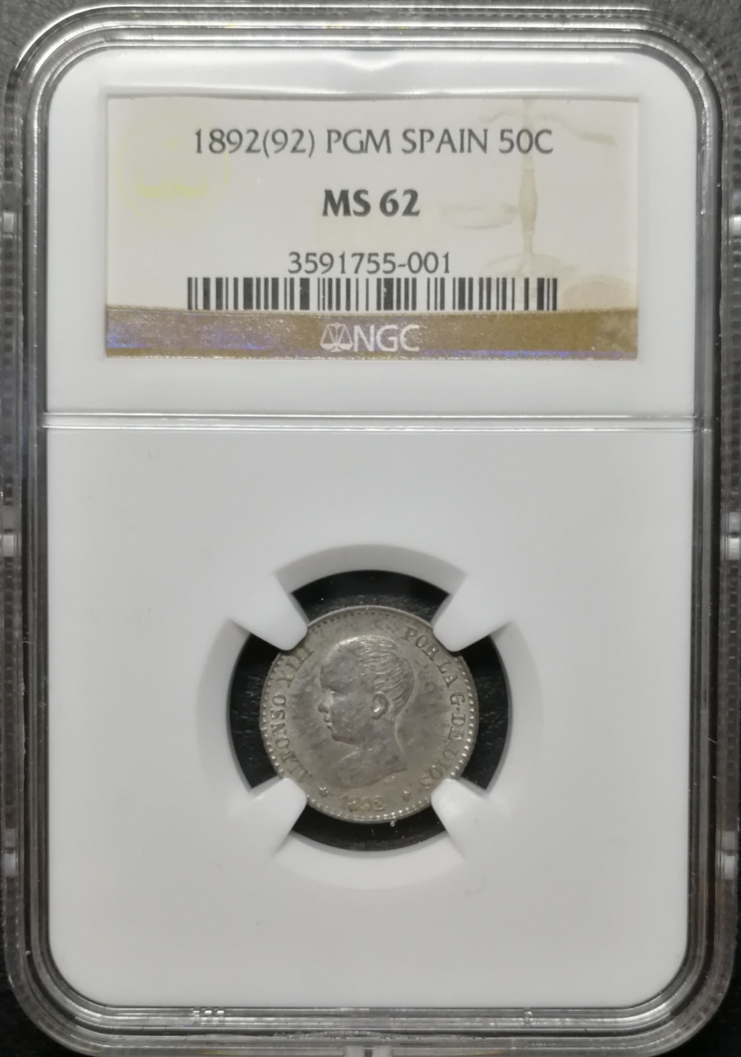 凡希社世界钱币拍卖第八十二期 1892西班牙小光头50分NGC-MS62