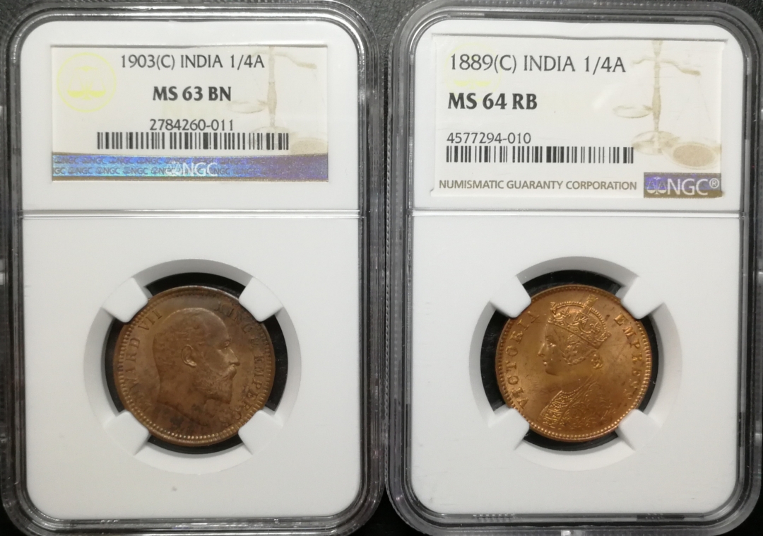 凡希社世界钱币拍卖第八十二期 1889/1903印度小维爱七1/4安娜NGC-MS63/64一对