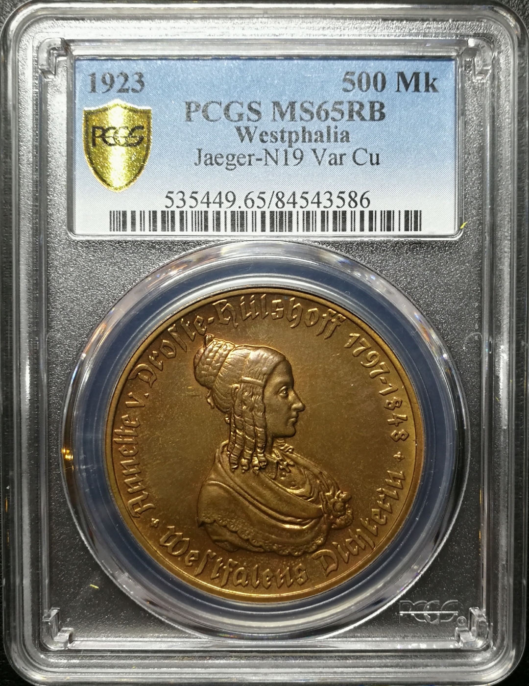 凡希社世界钱币拍卖第八十二期 1923威斯特伐利亚500马克女像大马币PCGS-MS65RB