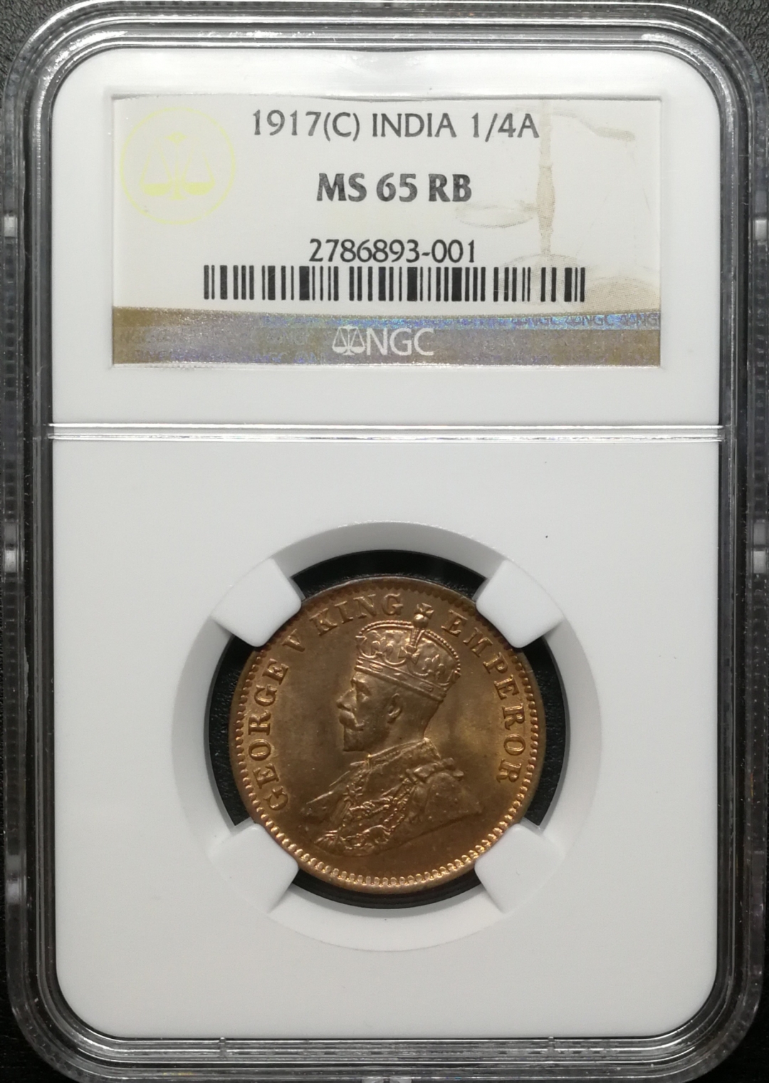 凡希社世界钱币拍卖第八十二期 1917C印度乔五1/4安那NGC-MS65RB