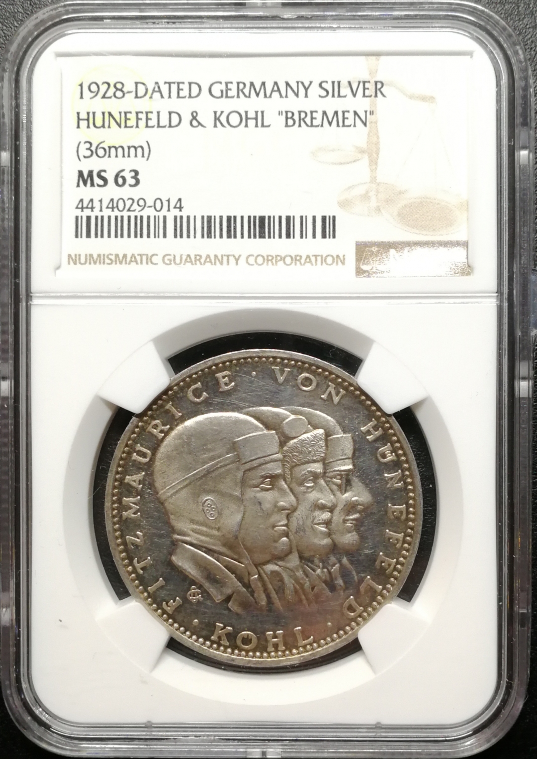 凡希社世界钱币拍卖第八十二期 1928不莱美飞行纪念银章NGC-MS63