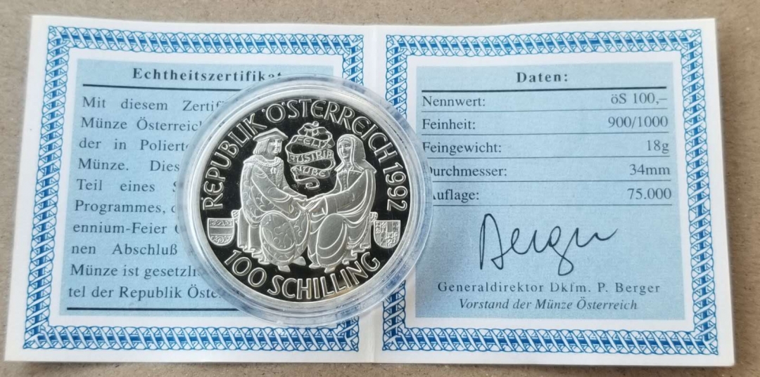 【币观天下】第六十三期拍卖 【奥地利】1992年马克斯米利安一世纪念银币，原盒证书。