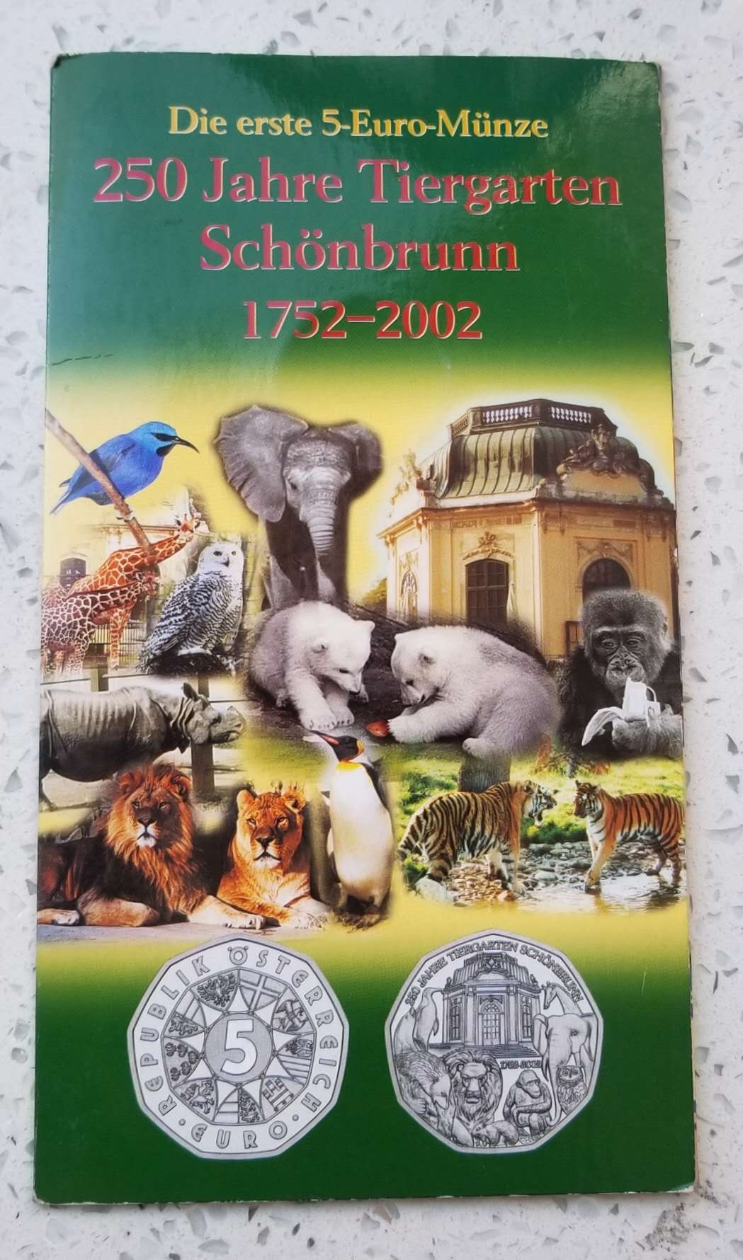 【币观天下】第六十三期拍卖 ★奖★奥地利2002年美泉宫动物园5欧元银币大卡装 奥地利第一种5欧元纪念银币