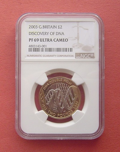 「S&S Numismatic世界钱币-拍卖第3期」 - 英国2003年 DNA结构发现50周年 2英镑双色精制纪念币NGC PF69 获奖币