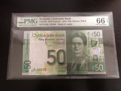 收藏联盟第八十三期拍卖 - 苏格兰2015年50镑 PMG66E  S/N:W/HU 107450